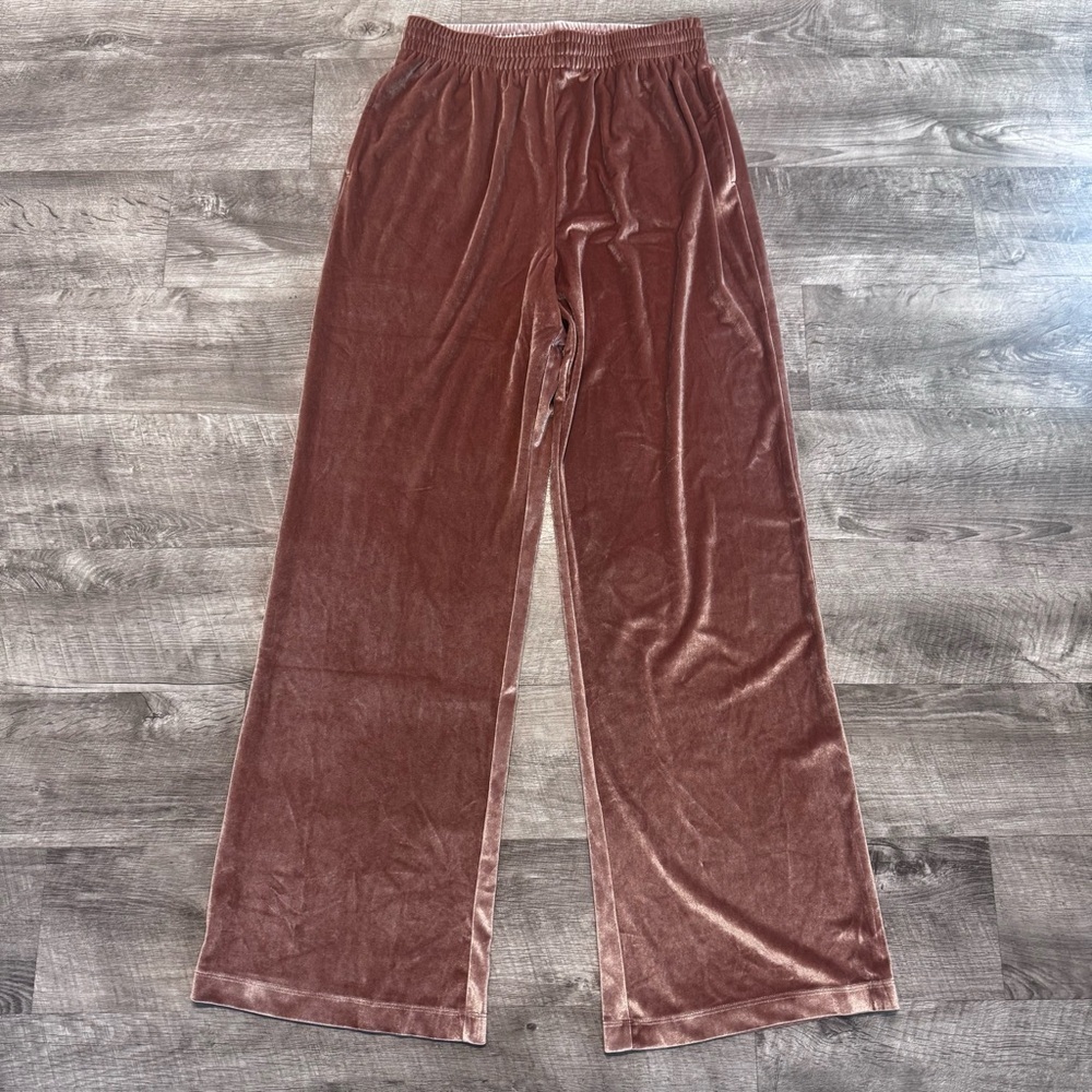 NWT PINK Victoria Secret Velour Shine Gold Pant Sequin Logo Wide Leg Womens Sz M